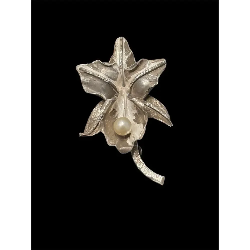 Vtg Sterling Silver Acid Etched Orchid Brooch 925 5.9g